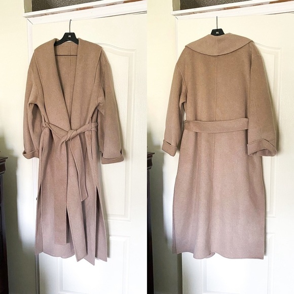 By Malene Birger Coat Trullem Belted Wool Shawl Grey Brown Melange 40 EUC - Picture 2 of 13